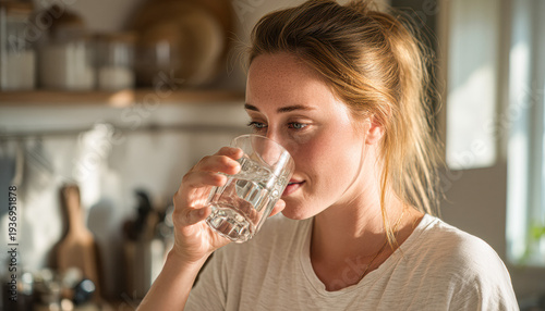 A woman with light brown hair drinks a glass of water in a warmly lit kitchen setting.
