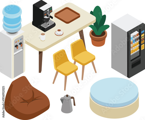 Isometric office break room vector illustration with coffee machine, vending machine, water cooler, chairs, table, plant, and lounge furniture