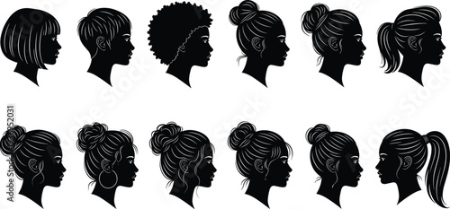 Collection of Female Head Profile Silhouettes with Various Hairstyles, Including Ponytails, Buns, Braids, Bob Cuts, and Curly Hair for Beauty Design.