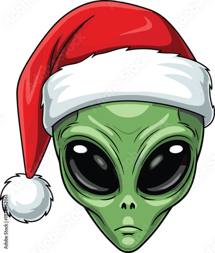 Green alien head wearing a red and white Santa hat Christmas holiday character vector illustration isolated on white background,