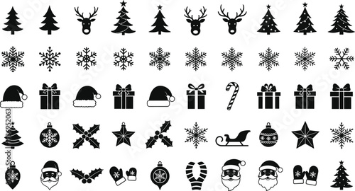 Christmas Silhouette Icon Set with Reindeer, Snowflakes, Santa Claus, Ornaments, Gift Boxes, Holly, Mittens, Sleigh, and Pine Trees for Winter Design.