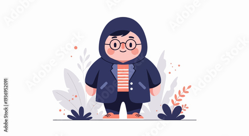 A chubby cartoon character in a hooded jacket and striped shirt stands amidst stylized foliage