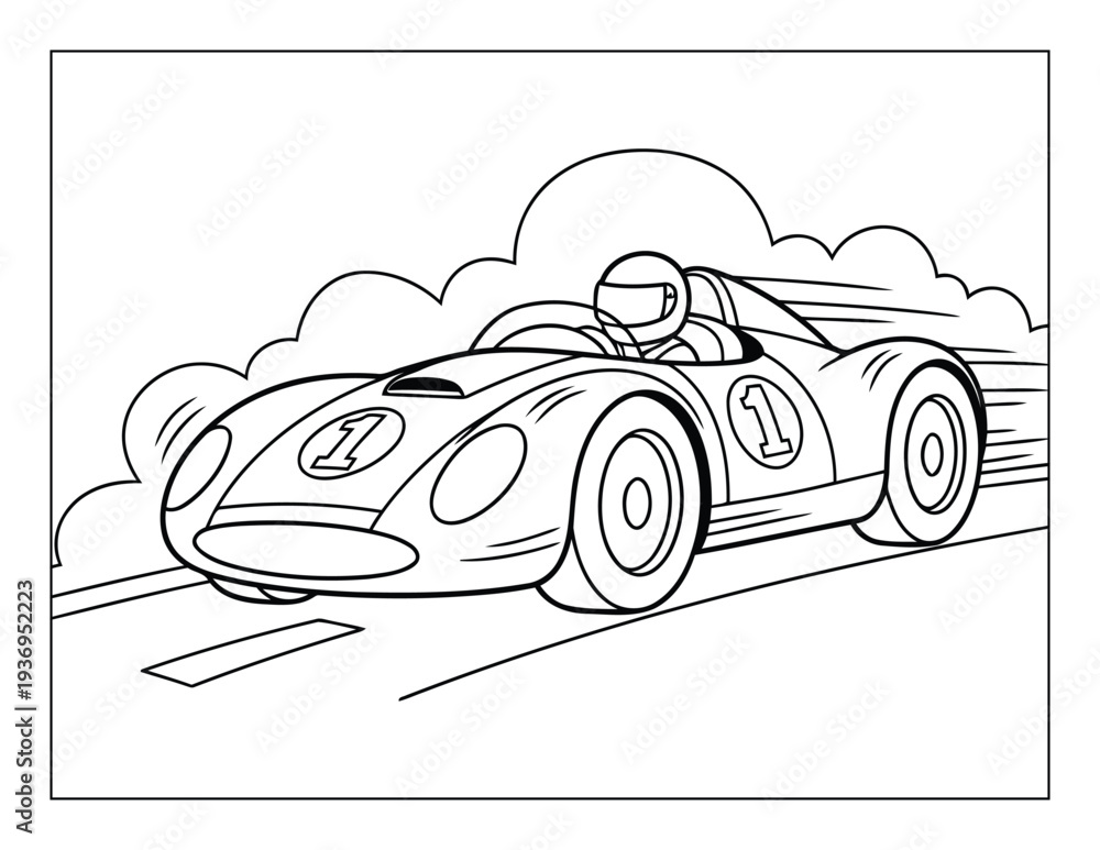 Naklejka premium Race car coloring page with driver and number one on track