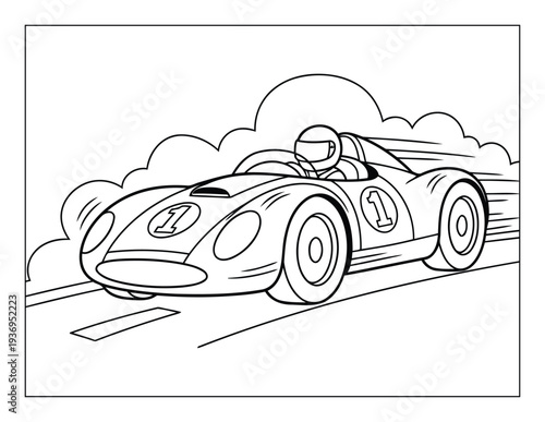 Race car coloring page with driver and number one on track