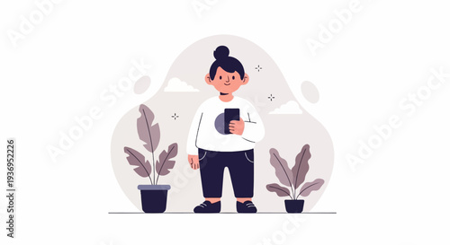 Flat illustration of a person holding a phone between two potted plants