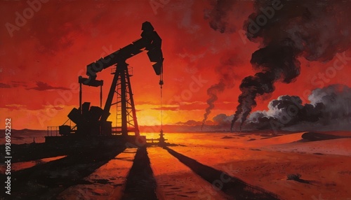 Oil Pump in Sunset: Silhouette of an oil pump against a vibrant sunset sky, as plumes of smoke rise in the distance, portraying an industrial landscape with environmental implications.