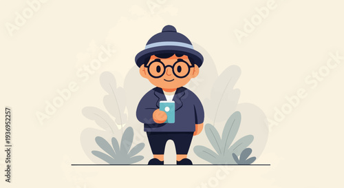 A cute cartoon character in a hat and glasses holds a drink