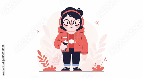 Animated character wearing headphones and holding a drink, surrounded by stylized plants