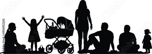 Happy family picnic silhouettes with children and stroller, parents sitting on grass, outdoor summer leisure activity, black white vector illustration,