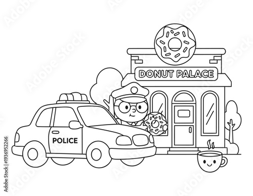  Police car coloring page at donut shop with officer