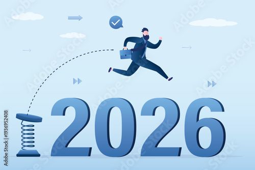Confident businessman uses steel spring and jump over crisis valley. Male entrepreneur jumping over 2026 year. Way forward, Successful overcoming obstacles, concept.