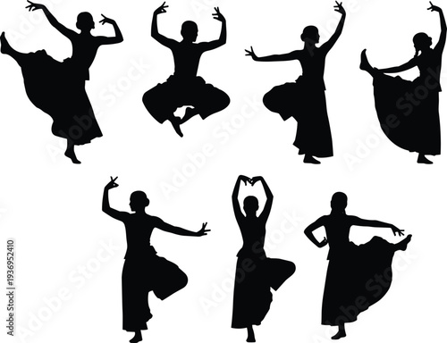 Indian classical dance silhouettes, Bharatnatyam and Odissi dancer poses, traditional ethnic folk performers, cultural mudras, Bollywood dancing girl vector icons.