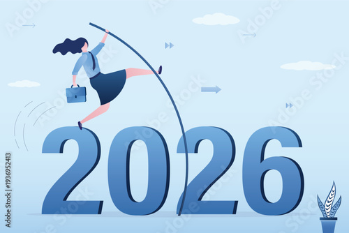 Confident businesswoman doing pole vaulting crossover crisis valley. Entrepreneur jumping over 2026 year with pole. Way forward, Successful overcoming obstacles, concept.