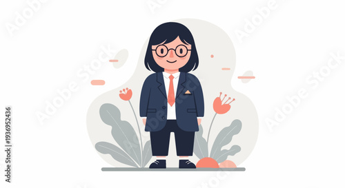 Person in suit with glasses and tie, surrounded by abstract plants and flowers