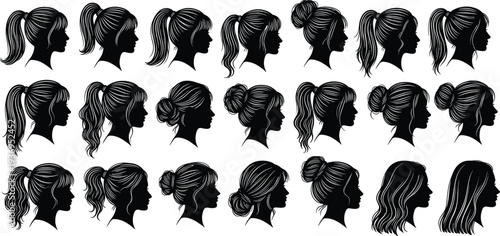 Collection of woman head silhouettes with diverse hairstyles, featuring ponytails, buns, and flowing hair, elegant female profiles for beauty salon icons.