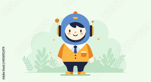 Friendly cartoon character in futuristic helmet and business attire, set against abstract natural backdrop