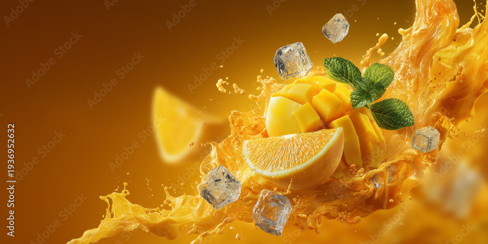 Naklejka premium Refreshing mango-orange juice explosion with realistic cubes, dramatic water splash and floating ice, ideal for summer menu or promo banners