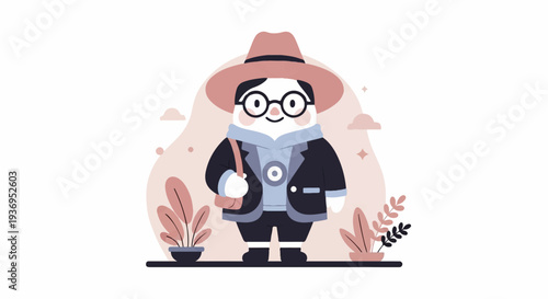 Friendly cartoon character wearing a hat, glasses, and jacket, with plants