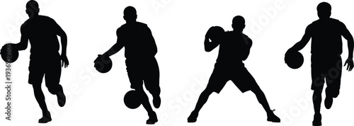 Basketball Player Silhouette Vector Illustration Set Featuring Athletes Dribbling Running and Playing Sports for Team Competition Fitness and Active Lifestyle Design