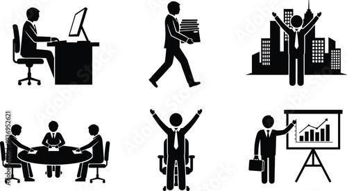 Industrial construction workers, heavy machinery, business success icons, remote office productivity silhouettes, artificial intelligence assistants, and romantic couples on boats.