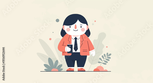 Stylized person in business attire holding a phone, surrounded by plants