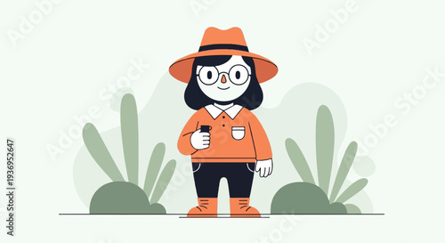 Cheerful cartoon character in a hat and orange outfit with glasses, holding a small item