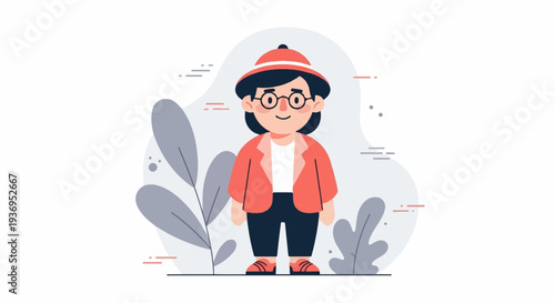 A stylized cartoon person in a hat, jacket, and glasses, stands in a minimalist landscape with plants