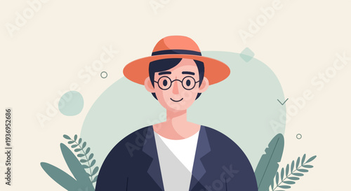 Animated portrait of a person wearing a hat and glasses, with plants