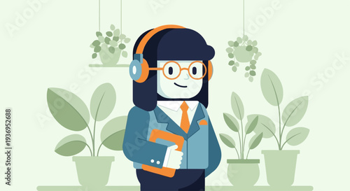 Friendly figure in headphones, suit, and glasses, holding book amidst lush indoor plants