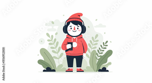 A character in a red hoodie and hat listens to music outdoors amidst greenery