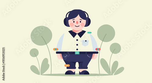 A person wearing headphones and a collared shirt, standing in a field with plants