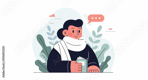 Flat illustration of a person with dark hair, a scarf, and a book, surrounded by plants