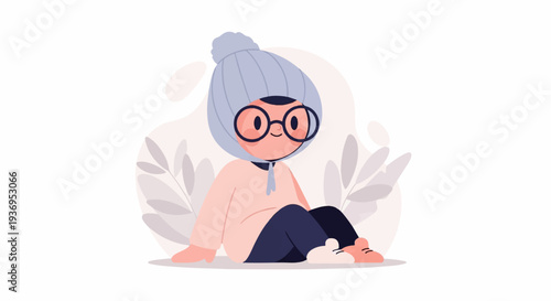 A cheerful cartoon child wearing a beanie and glasses, sitting outdoors