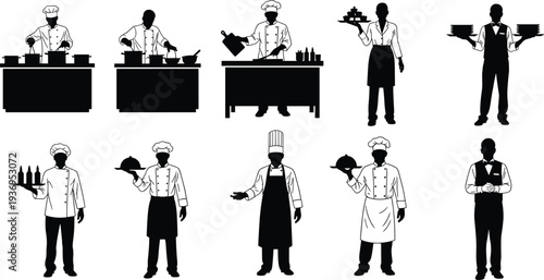 Professional chef and restaurant staff silhouettes, kitchen cooks preparing food, waiters serving meals, hospitality industry workers set, catering service icons.
