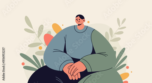 Person sitting peacefully amidst abstract nature elements, a tranquil scene