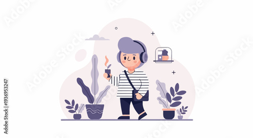 A person with headphones and a bag holds a plant, surrounded by potted plants