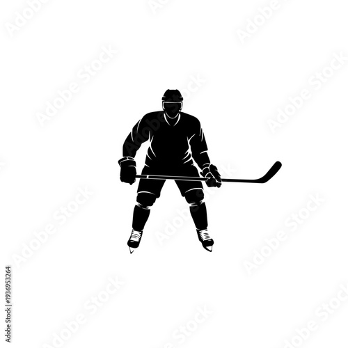 Ice hockey player in action silhouette - Minimalist athlete skating with hockey stick and puck.