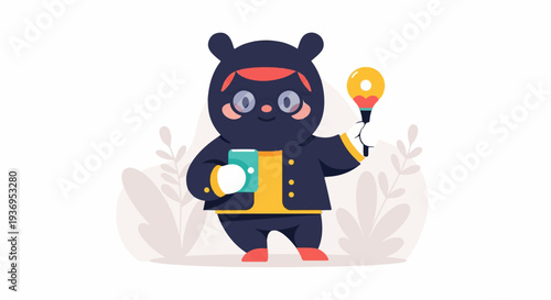 A playful character in a black outfit holds a glowing lightbulb and a turquoise book
