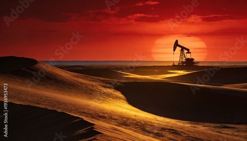 Desert Oil Rig at Sunset: An evocative image captures a solitary oil rig silhouetted against a fiery sunset, a stark contrast between nature's beauty and the industrial landscape.