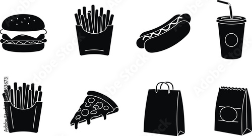 Fast food silhouettes collection with burger, fries, hot dog, pizza slice, drink cup and takeaway bag vector icons set