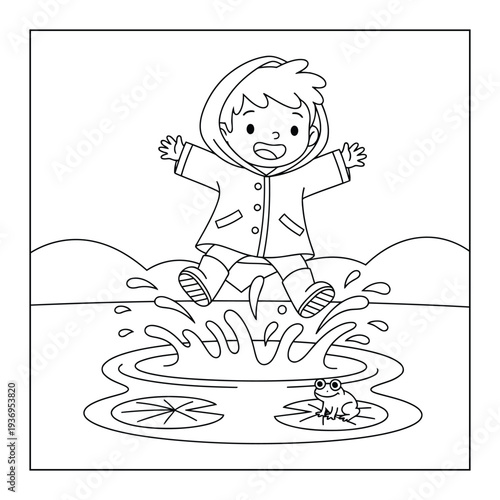 Rain puddle coloring page with happy child jumping in water