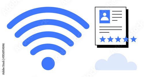 wireless symbol alongside a user profile with five-star ratings and a cloud icon representing connectivity, user data, online reviews, cloud storage, and digital interaction. Ideal for technology