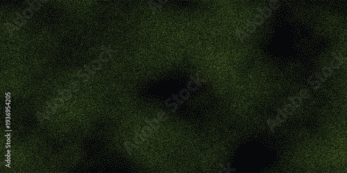 green dotted halftone texture with irregular density on dark background. Abstract particle pattern.