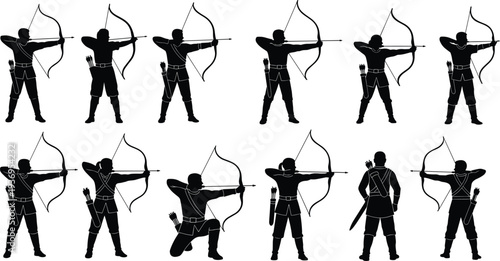 Set of medieval archer silhouettes, ancient warrior marksmen, bow and arrow combatants, historical military soldiers, sports archery icons, and hunter characters.