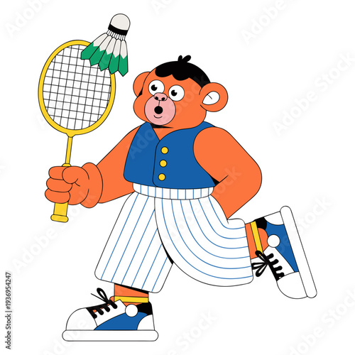 A cheerful orange monkey dressed in a blue vest and striped trousers, ready for a match with a yellow badminton racket and shuttlecock. The design features a playful