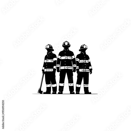Group of three firefighters standing together silhouette - Rescue team and emergency services concept.