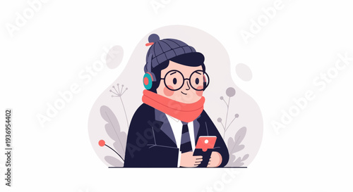 Person in winter clothes wearing headphones and holding a phone amidst decorative plants