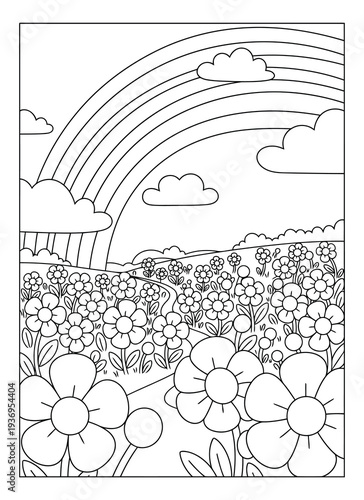  Rainbow coloring page with flower meadow path clouds and hills landscape scene