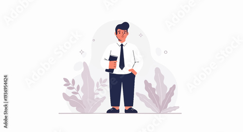 Professional man in a white shirt and dark tie holds a book, standing amidst stylized foliage