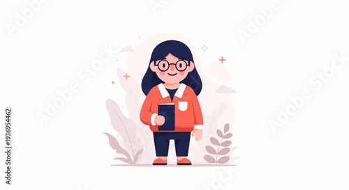 Friendly female with glasses and a book, surrounded by soft-hued plants